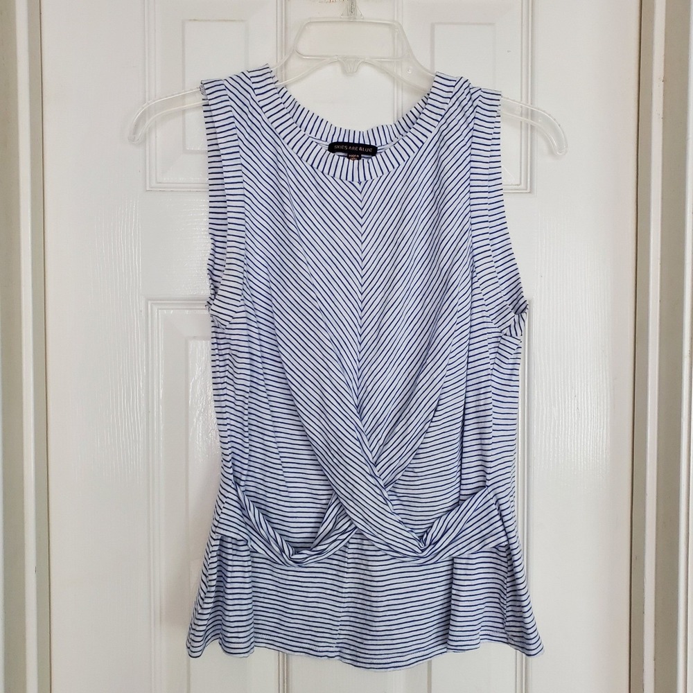 White Blue Striped Twist Front‎ Cotton Tank Top Nautical Elevated Basic Preppy M